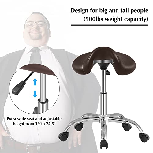 Saddle-Stool-with-Wheels-300-lbs-Weight-Capacity-Heavy-Duty-Rolling-Stool-for-Medical-Massage-Salon-Kitchen-Spa-Drafting-Nail-TechHeight-Adjustable360-SwivelWide-Thick-Seat-Paddingbrown