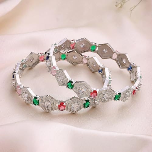Image of ZENEME Rhodium Plated Silver Toned Geometrical Shaped Multicolor American Diamond Studded Bangles Set Of 2 For Women & Girls
