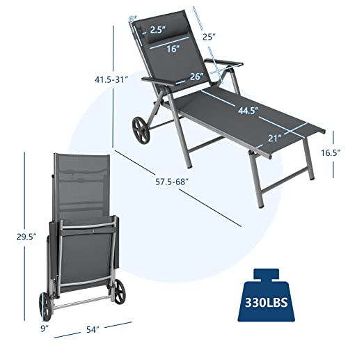 Giantex Chaise Lounge Outdoor Chair- Patio Folding Lounge Chair With Wheels, 7 Adjustable Level, Heavy-Duty Aluminum Frame, Headrest Pillow, Recliner For Sunbathing, Backyard, Poolside (1, Black) #TOP2