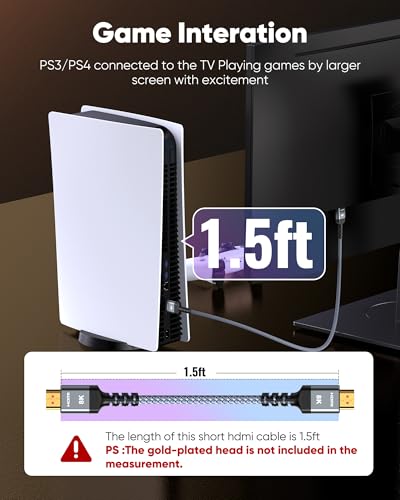 Image of Highwings 4K Short HDMI Cable 1.72ft /52.5cm Total Length, 1.36ft /41.5cm Cable Length HDR Braided HDMI Cord, High Speed with Ethernet /ARC, 3D, HDCP 2.2, Compatible for PS-4 /3 /Monitor /Streaming Media