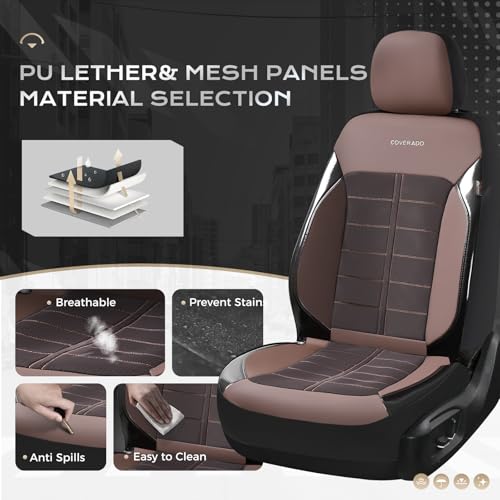 Image of Coverado Leather and Air Mesh Seat Cover, Car Seat Cover Full Set, 3D Breathable Seat Protectors Sports Carbon Fiber Design Airbag Compatible Comfort Universal for Most Cars, Van,Trucks, SUV, Brown