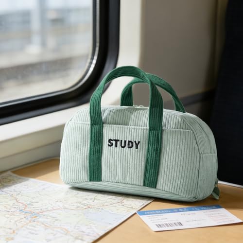 Image of EASTHILL Corduroy Hand-held Pencil Case Large Cute Pencil Pouch Stationery Pen Bag for Teen Girls-Green