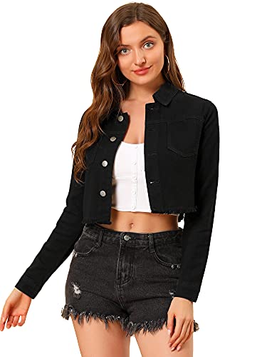 Veste courte en jean délavé noir avec boutons Allegra K au style intemporel