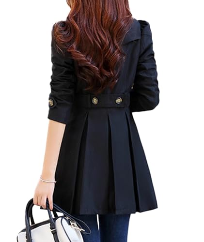 SOMTHRON Women's Double Breasted Trench Coat Lapel Puff Long Sleeve A Line Pleated Windbreaker Outerwear2