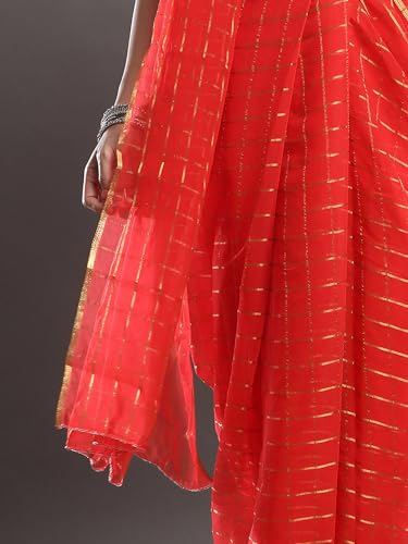 Image of AKHILAM Women's Chiffon Solid Checkered Saree With Unstitched Blouse Piece(Pink RCFL1207 SNK)