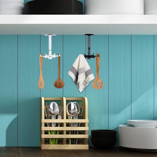 Image of 2 Pack Self-Adhesive Wall Hangers for Kitchen Bathroom Bedroom Office Storage Heavy Duty No-Drill 360 Rotating Utility Hooks for Utensils Towels Keys Accessories Strong Wall Mount Organizer