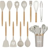 FIOUSY Kitchen Utensil Set, 12 PCS Silicone Cooking Utensils Set with Wooden Handle, Heat Resistant, Nonstick Cookware Tongs Spatula Spoon Set, Dishwasher Safe, Best Kitchen Tools (Khaki)