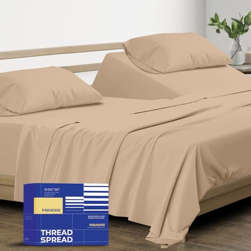 Image of THREAD SPREAD Split King Sheet Set, Luxury 1000 Series Paradise Collection 100% Egyptian Cotton Split King Sheets Sets for Adjustable Bed (5 PC, Taupe), Soft, 16 inch Deep Pocket Hotel Sheets