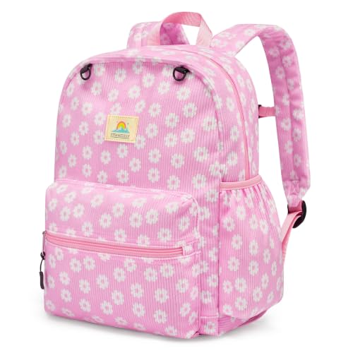 Image of STEAMEDBUN Corduroy Kids Backpack for Girls and Boys 5-8: Girls Backpack for Elementary Kindergarten - 15 inch Cute Backpacks for Kids - Pink Daisy
