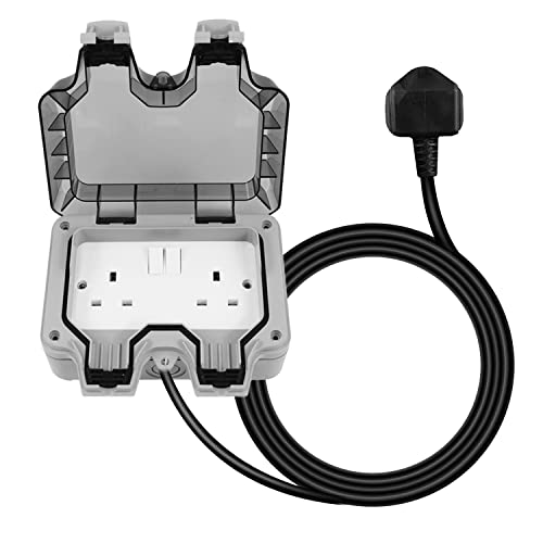 Outdoor Socket Waterproof Double Plug with Extension Lead External 2 Gang Switched Socket Cover Wall Electrical Outlet IP66 13Amp Weatherproof (1M)