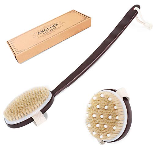 Dry Skin Body Brush - 2 Pcs Detachable Natural Bristle Bath Brush with Slip-proof Long Wooden Handle, Back Brush Scrubber for Cellulite, Exfoliate, Removing Dead Skin, Perfect Gift for Women