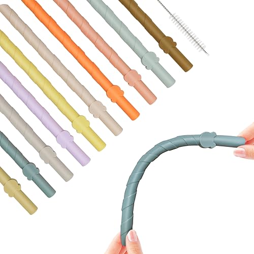 FIHODONE 10 Piezas Pajitas Reutilizables Coloridas,230mm Mojito Paja,Palhinhas Reutilizaveis Pajitas Comestibles Silicona Con un Cepillo de Limpieza,Adecuado para Jugos, Té con Leche, Cócteles
