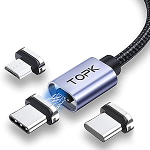 TOPK Magnetische oplaadkabel, 2 m, snellaadkabel, met ledlicht, 3 in 1 universele magneet USB-A naar Micro USB USB-C kabel, compatibel met Android-apparaat AM45
