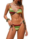 ZAFUL Crochet Bikini Cheeky Boho Striped Colorblock Womens Bathing Suits Summer Tropical Underwire Swim Suits Rainbow Striped S