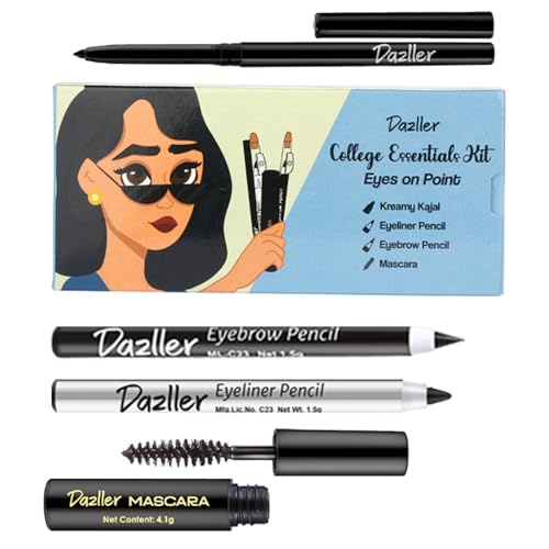 Dazller College Makeup Essentials 4: Kreamy Kajal, 0.35g + Mascara, 4.1g + Eyeliner Pencil, 1.5g + Eyebrow pencil, 1.5g – Lightweight, Matte Black, Smudge-proof, Long Stay, Easy Definition