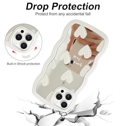 Jusy For Iphone 14 Pro Case With Wavy Edge, Cute White Heart Mirror Curly Wave Frame Shape Phone Cases, Shockproof Hard Pc & Soft Tpu Bumper Protection Cover For Women Girls thumb #3