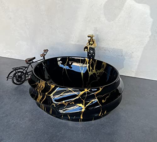 Image of Designer Glossy Finish Ceramic Art Table Top Wash Basin For Bathroom | Collapsible Countertop Washbasin (Black White Glossy Art, 16 x 13 x 6 Inch)