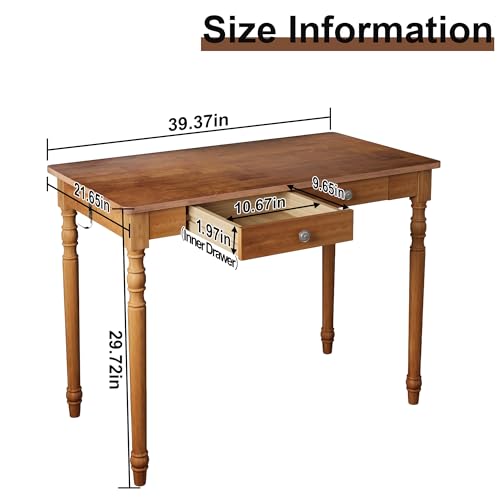 Image of 100% Solid Wooden Desk with Drawers - 39.4 inch Mid Century Modern Desk with 2 Hooks, Vintage Writing Desk with Drawers, Simple Work Study Table for Bedroom & Home Office - Walnut Color