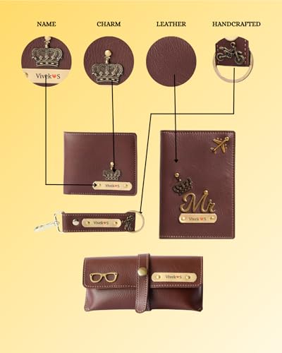 Image of Personalized Name & Charm Leather Mens Combo | Best Gift for Brother, Husband, Boyfriend, Father & Mens Leather Giftset for Diwali Items for Men Friends Family Office Colleagues