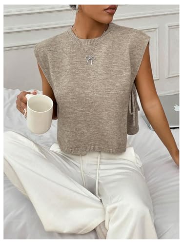GORGLITTER Women's Cropped Sweater Vest Tops Sleeveless Crew Neck Side Tie Cap Sleeve Knit Tank Top4