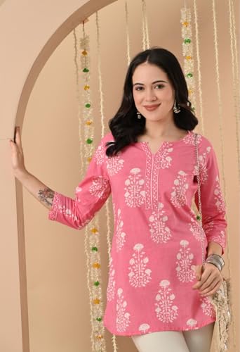 Image of Amazon Brand - Tavasya Women Floral Printed Round Neck Pure Cotton Regular Fit Kurti | Everyday & Office Wear Kurta | Modern Ethnic Top