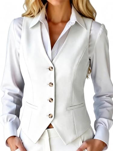 ELLEVEN Vest Tops For Women High Stretchy V Neck Fitted Button Down Vest Top White Womens Vests Sleeveless Business Dressy Casual Waistcoat Back Adjustment Strap Outfits With Pockets White Small