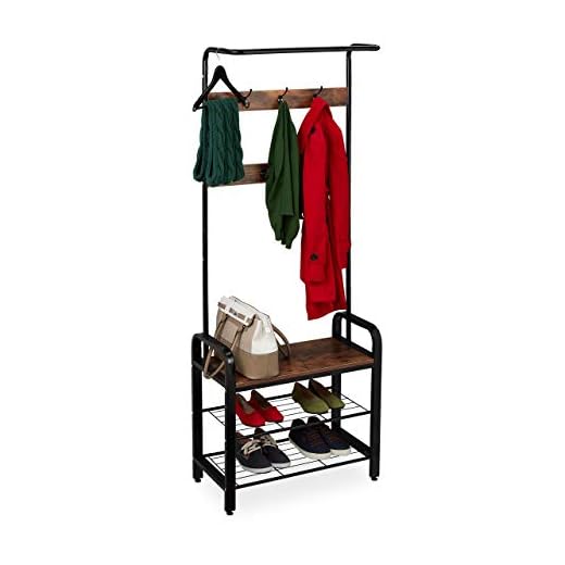 Relaxdays Perchero Recibidor, con Zapatero y Asiento, 183,5x72x34 cm, 7 Ganchos, Guardarropa Industrial, Negro y Marrón, Metal