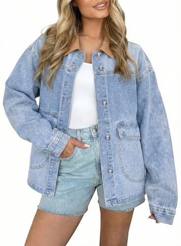 EVALESS Women's Oversized Jean Jacket Button Down Contrast Trim Barn