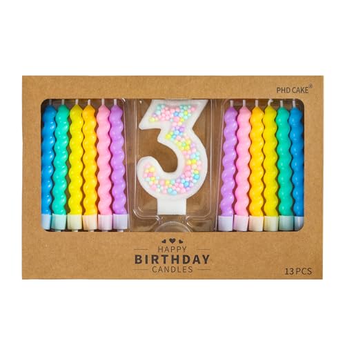 PHD CAKE Number 3 Birthday Candle Macaron Glitter Number Candle with Rainbow Spiral Candles in Holders for Cake Topper Pastel Sweet Theme Party Decoration