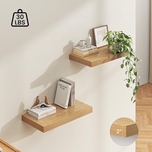 Image of Dreamland 24 inch Floating Shelves for Wall, 12 inch Deep Thicker Oak Floating Shelves, Wall-Mounted Shelves for Bedroom, Living Room, Kitchen, Bathroom - Set of 2