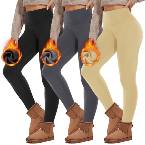 HIPOWER Pack of 3 Thermal Leggings Women's Lined Winter High Waist Fleece Warm Leggings Opaque Black Sports Leggings Thermal Underwear Running Trousers Yoga Pants, B-Black+Grey+Skin Colour, XXL