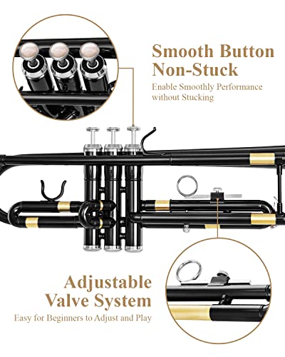 Image of Eastar Standard Bb Black Trumpet Set for Student Beginner Brass Instrument with Hard Case, Gloves, 7 C Mouthpiece, Valve Oil and Trumpet Cleaning Kit, ETR-380B (Black)