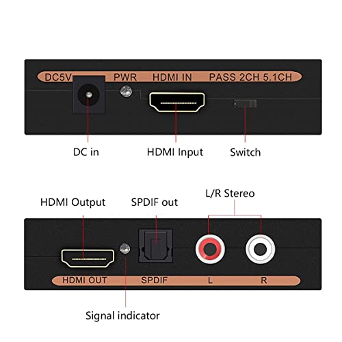 Image of 1080P HDMI Audio Extractor, HDMI to HDMI Audio (L /R RCA + Toslink Optical SPDIF) Video Converter Adapter Splitter with Optical Fiber Cable for PS3 PS4 Blu-ray DVD Player Sky HD Box