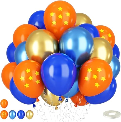 Image of Orange Blue Balloons, 12 Inch Royal Blue and Matt Orange Metallic Gold Latex Balloons with Tangerine Star Printed Party Balloon for Kid Cartoon Theme Anime Birthday Outer Space Party Decoration