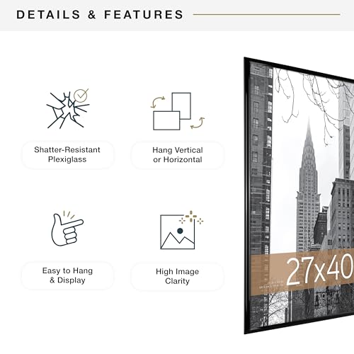 MCS Trendsetter Movie Poster Frame 27x40 Black High-Gloss, Vertical & Horizontal Wall Hanging Large Picture Frame for Photos, Artwork & Custom Posters (2-Pack)