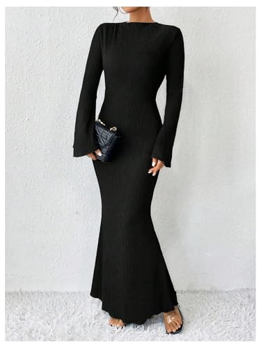 Image of GORGLITTER Women's Bell Long Sleeve Cocktail Maxi Dress Crew Neck Bodycon Fishtail Casual Long Dresses