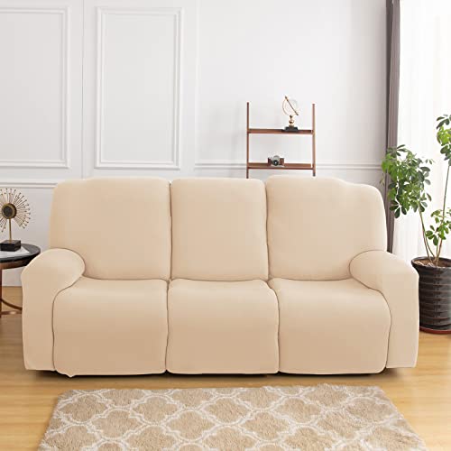 Stretch Recliner Chair Cover,8-Pieces Sofa Cover Slipcover Couch Covers,Armchair Cover Non-Slip Furniture Protector ,Elastic Spandex Soft Recliner Chair Protector with Side Pocket(3 Seater Beige) - Image 2
