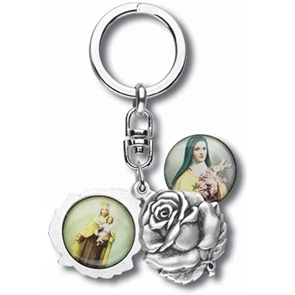 Religious Gifts Silver Tone Saint Therese with Our Lady Mt Carmel Sliding Rosebud Medal Key Chain, 1 3/4 Inch