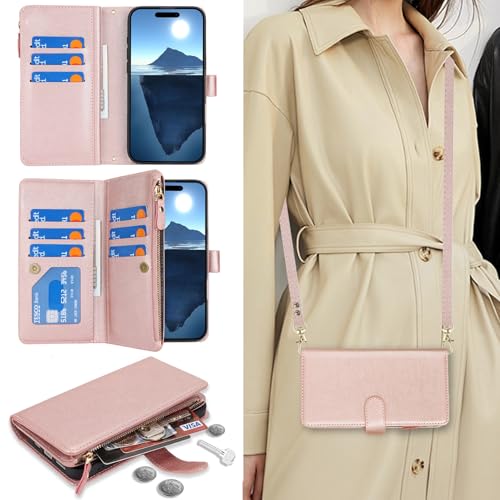 Jaorty Fit for iPhone 16 Plus 5G Phone Case Wallet for Women with Strap,Crossbody Shoulder Lanyard Wallet Case for iPhone 16 Plus with Card Holder,Zipper Pocket PU Leather Phone Case,6.7" Rosegold by Jaorty - Image 6