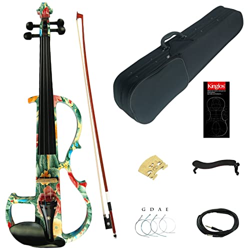 Image of Kinglos. Visual-Art Advanced Electric Violin 4 /4 Full Size Ebony Fittings | Kit Incl. Case Bow Shoulder Rest Aux Cable Spare Bridge Strings - Solid Wood Green Pink Silent Violin Set for Adults Beginner