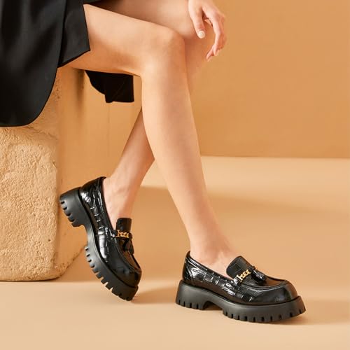 Image of BEAU TODAY Chunky Loafers for Women,Womens Platform Loafer Shoes,Chunky Heel Lug Sole Slip-on Metal Chain Shoes,Comfort Round Toe Business Work Office Shoes