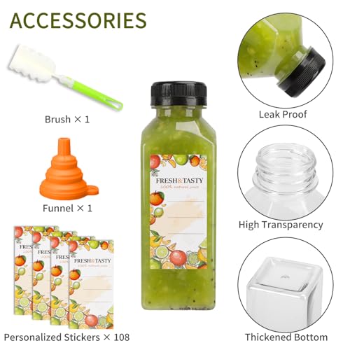 TOMNK 100pcs Juice Bottles, 12oz Plastic Bottles with Caps, Reusable Juice Bottle with Caps Clear Bulk Beverage Containers with Lids, Label, Funnel and Brush for Juicing, Milk, Smoothie and Beverages