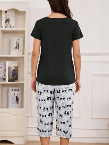 Image of YIJIU Women Soft Comfy Pajamas Cute Cat Short Sleeve Capri Pants PJS Set