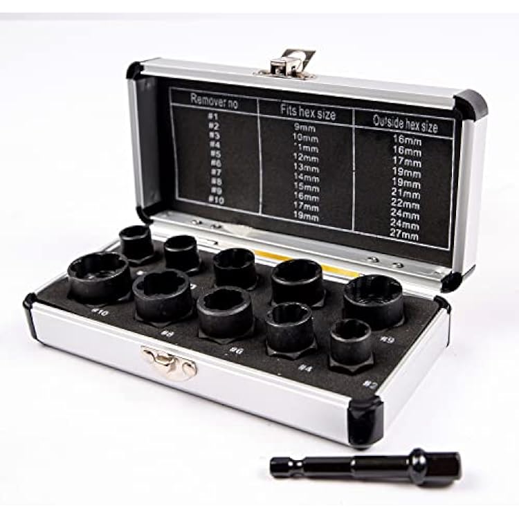 10Pcs Bolt Extractor Damaged Nut Remover Set,Broken Screw Nut Bolt Extractor Kit Stud Extractor Locking Socket Tools Kit,Drive Socket with Storage Case 9-19mm