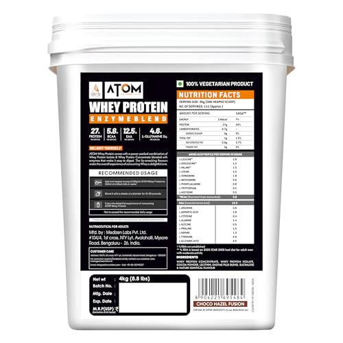 Image of AS-IT-IS ATOM Whey Protein 4kg | 27g protein | Isolate & Concentrate | Choco Hazel Fusion | USA Labdoor Certified | With Digestive Enzymes for better absorption