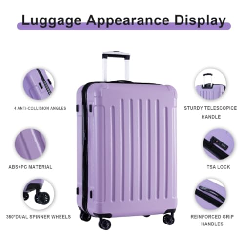 3-piece Hard Shell Suitcase Set, 20" + 24" + 28", Trolley Case with TSA Lock, Lightweight ABS+PC Hard Shell Material, Large Capacity, Zipper Compartment, Purple2