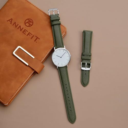 Image of ANNEFIT Watch Band 14mm, Quick Release Textured Padded Leather Straps with Silver Buckle for Men and Women (Army Green)
