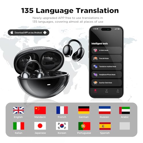 MINISO MS192 KI Kopfhörer Übersetzer, 4 Übersetzungsmodi mit App, 3-in-1 Echtzeit Sprachübersetzer Kopfhörer mit 135 Sprachen,48H Bluetooth V6.0 Übersetzer Kopfhörer für Business, Reisen, Lernen