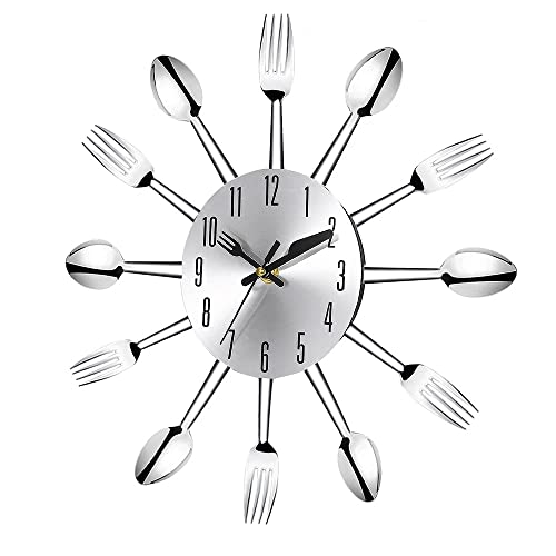 Llly Stainless Steel Fork Spoon Tableware Kitchen Restaurant Wall Clock Home Decoration (Color : Silver, Size : One Size) #TOP4