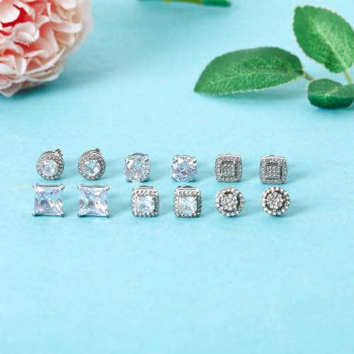 Image of NEWITIN 6 Pairs Gold Earrings for Men Women Halo Stud Earring Set | Hypoallergenic, 18K Gold Plated Stainless Steel, Cubic Zirconia, Round Square Diamond Stud Earrings, Unisex Earrings Set, 8mm